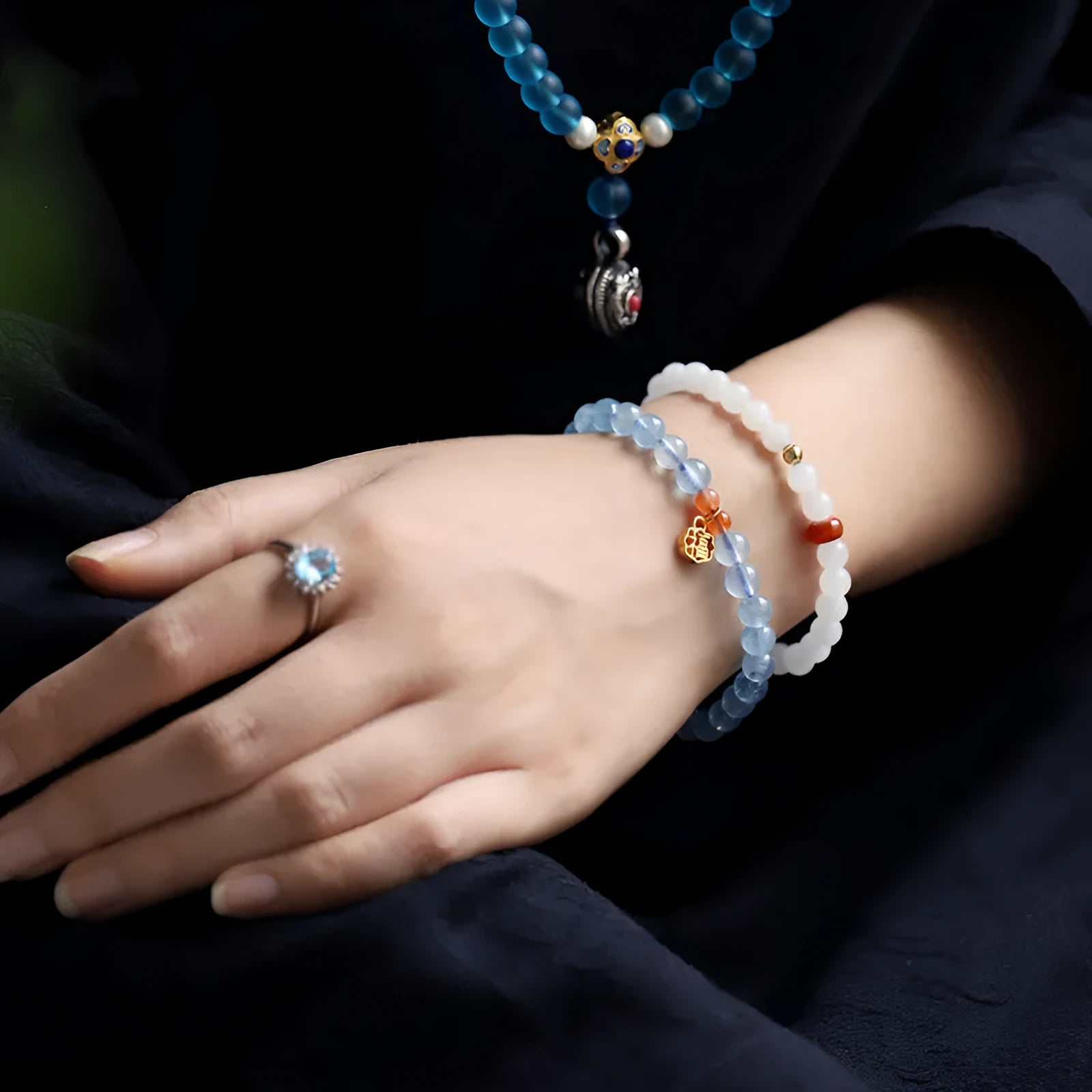Natural crystal bracelet with 8mm round ice translucent beads and sequins element