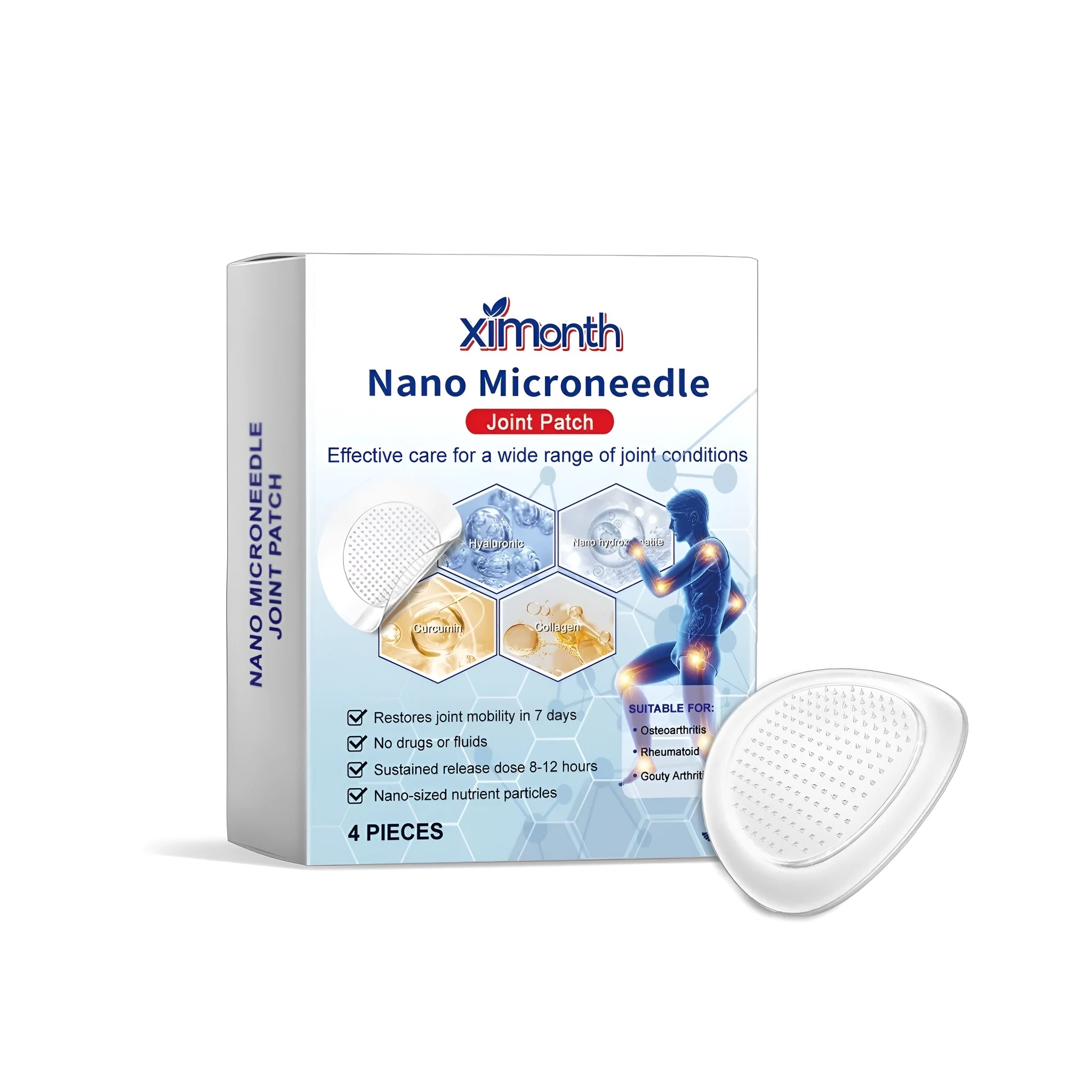 Nano microneedle joint patch pack of four with curcumin and collagen active ingredients for joint care