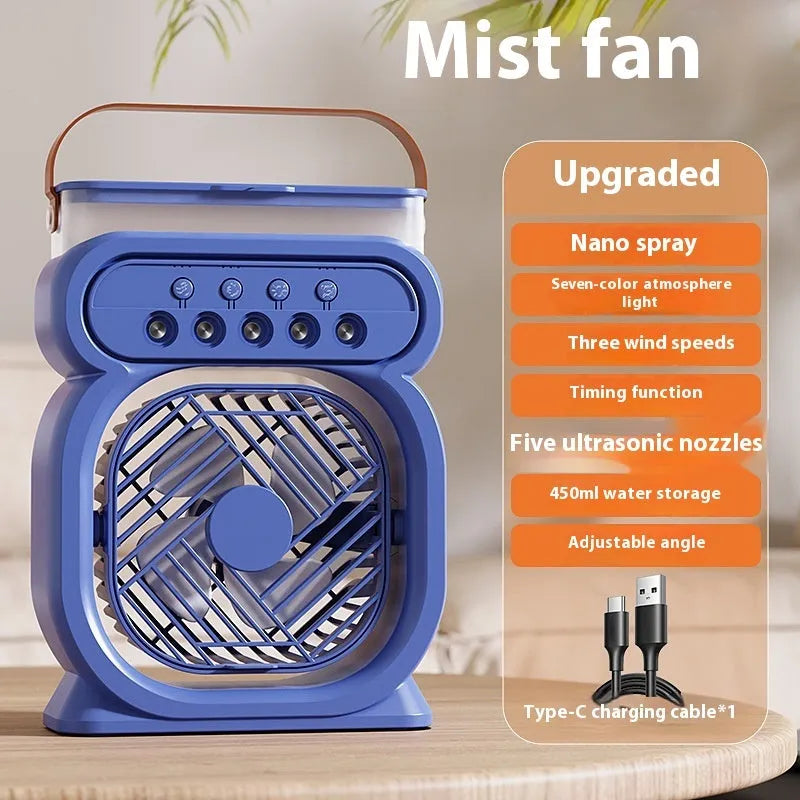 3 in 1 portable evaporative air cooler with LED night lights and USB cable on desk
