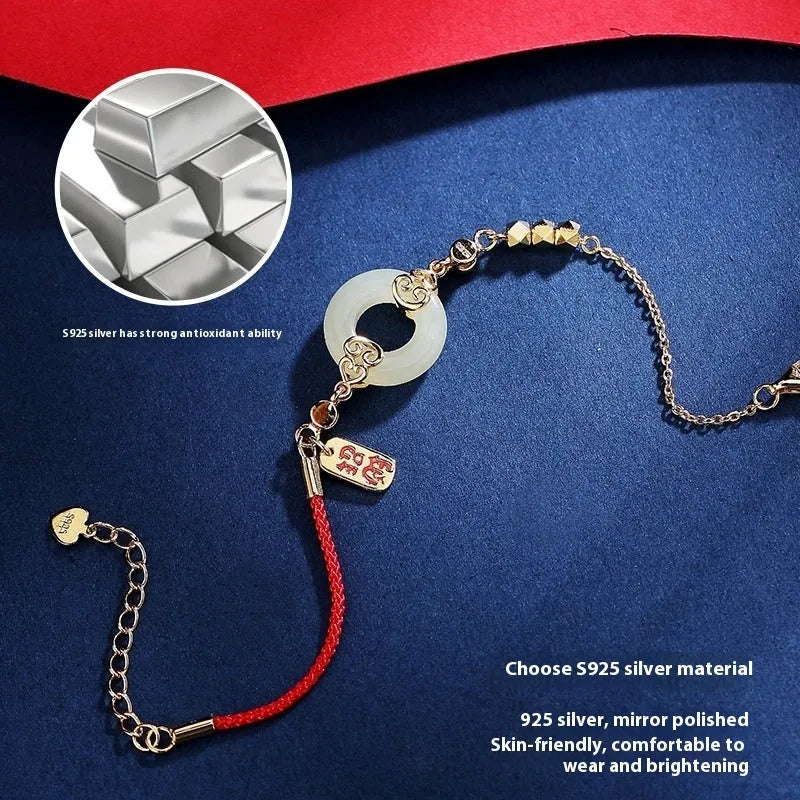 Hetian jade gourd bracelet in 925 sterling silver peace buckle Fu character women's Chinese style