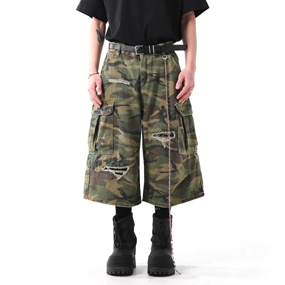 Retro camouflage cotton denim cropped trousers for men, mid-waist straight leg