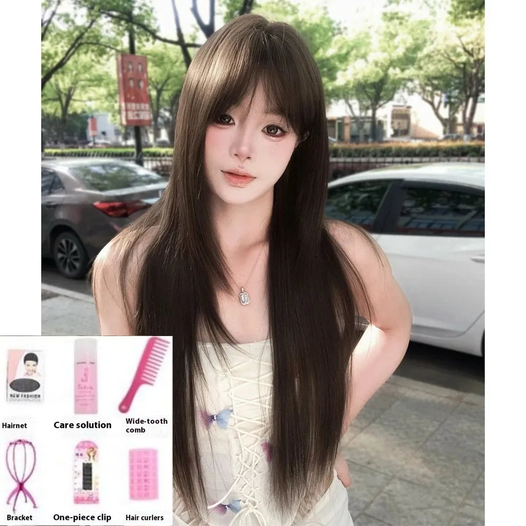 Wig high-level black tea simulation brown black for ladies with wear-free hair net