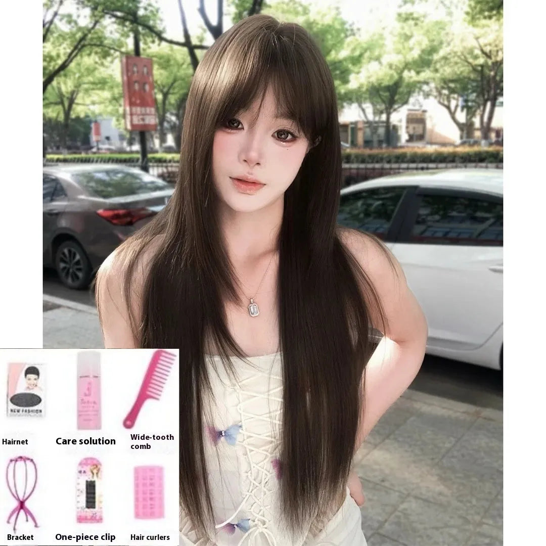 Wig high-level black tea simulation brown black for ladies with wear-free hair net