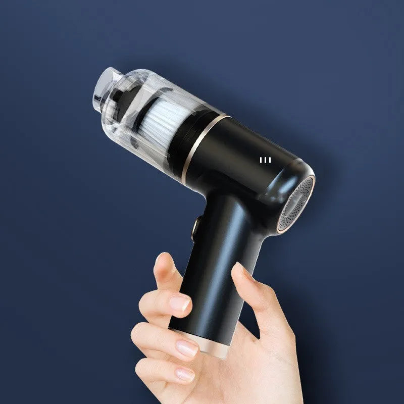 Black wireless car vacuum cleaner with multiple nozzle attachments including brush heads and suction tubes