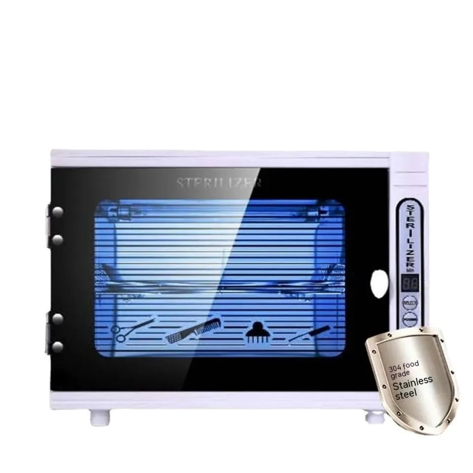 Small silver ultraviolet steriliser cabinet with stainless steel interior for salon tools.