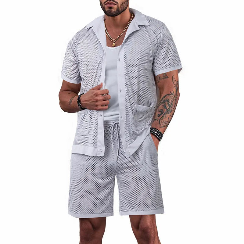 See-through short sleeve cardigan and shorts set for women in lake blue, shown on a hanger