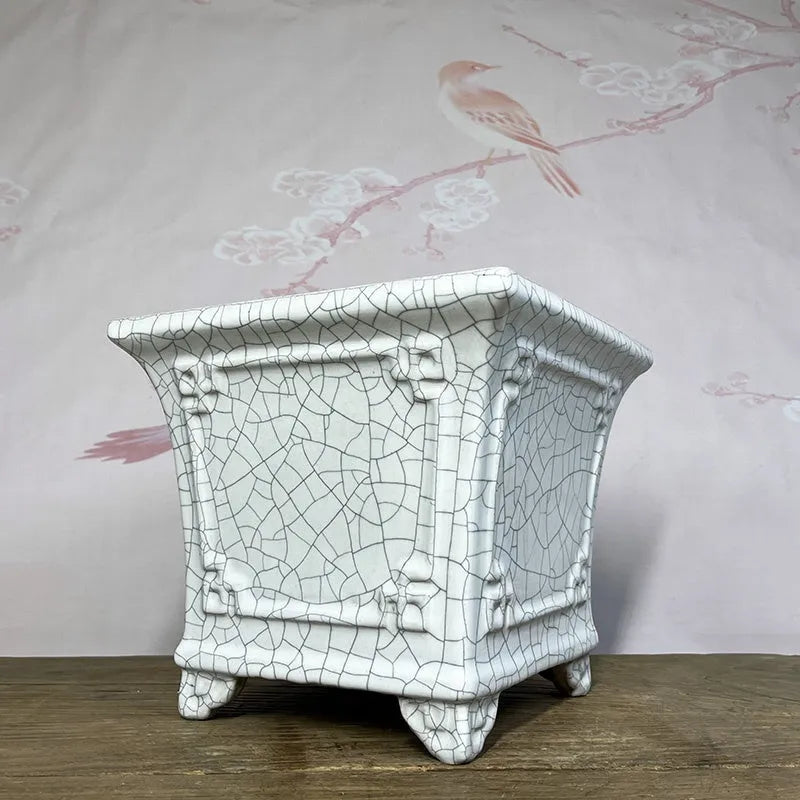 Ceramic flower pot 27cm with glaze change and ice crack finish, square shape for orchids