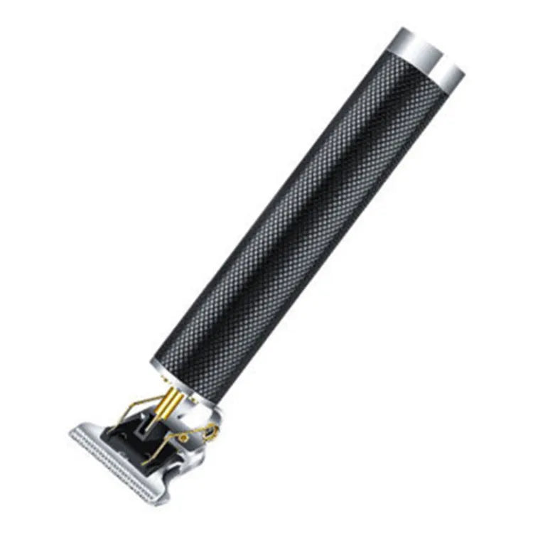 Black rechargeable electric hair clipper with gold steel blades and four comb attachments