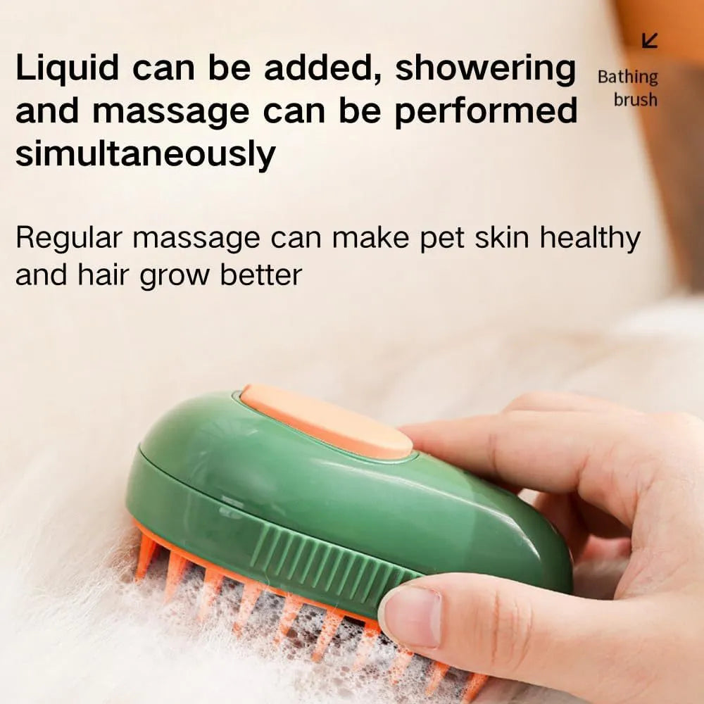 Green rechargeable cat steam brush with water spray nozzle and soft silicone teeth on a white background.