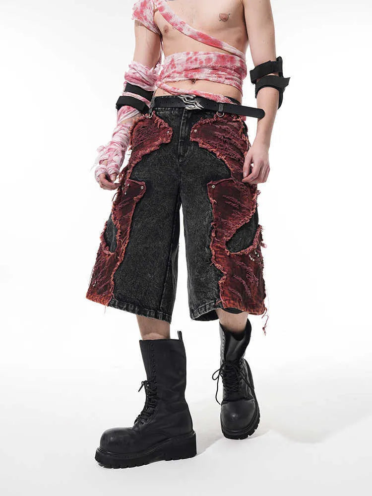 Distressed brushed stitching denim cropped pants for women, wide leg, mid-high waist, loose fit, picture colour