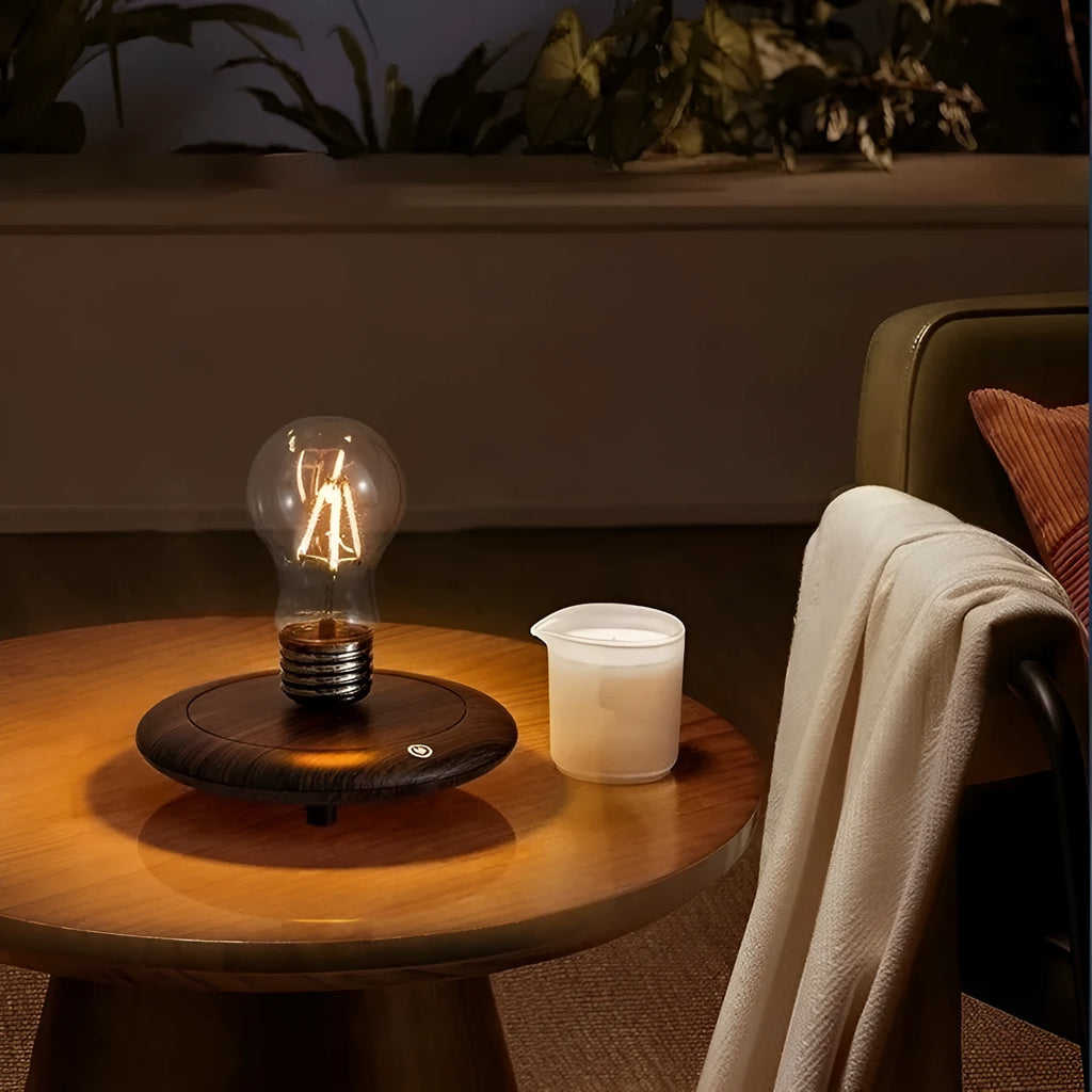 Creative suspension bulb night lamp with iron art construction on black wood grain base