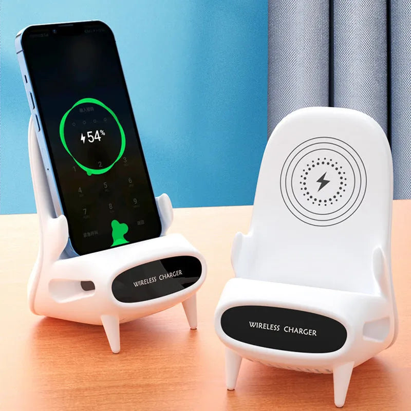 White portable mini chair wireless charger stand with Type-C input and Qi fast charge capability on a desk