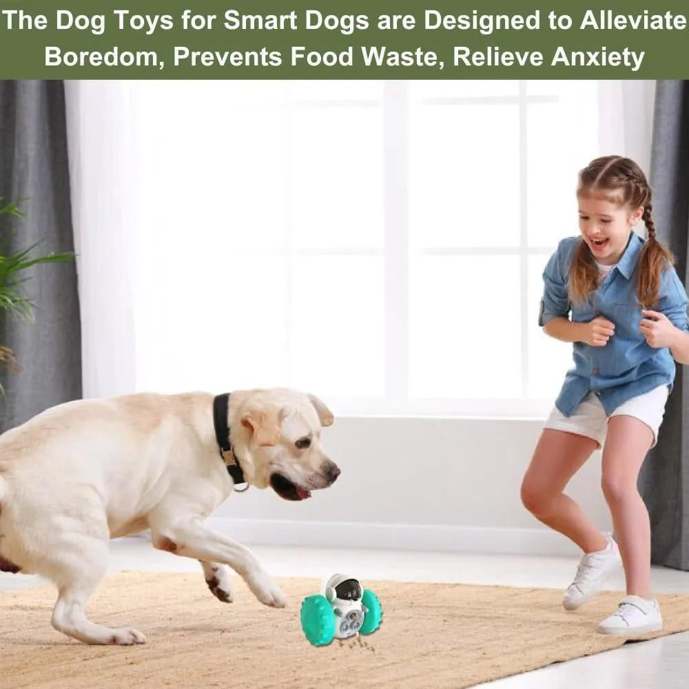 Self-balancing dog treat dispenser toy with robot design in multiple colours for small pets