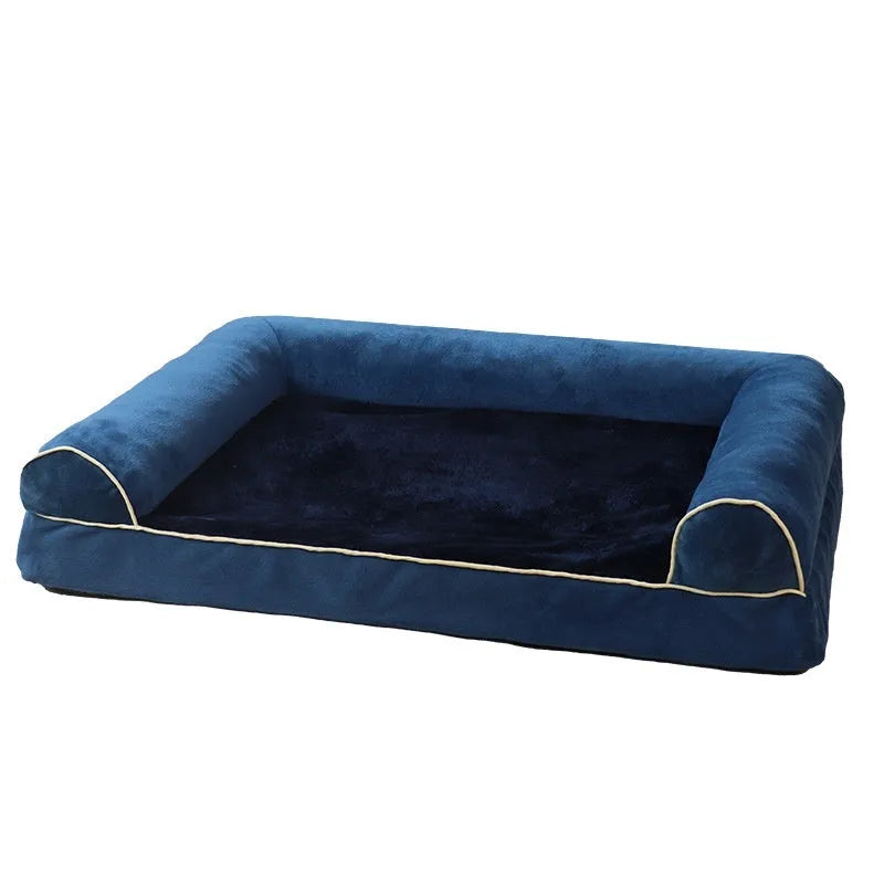 Square dog bed with sponge filling in blue colour showing breathable construction