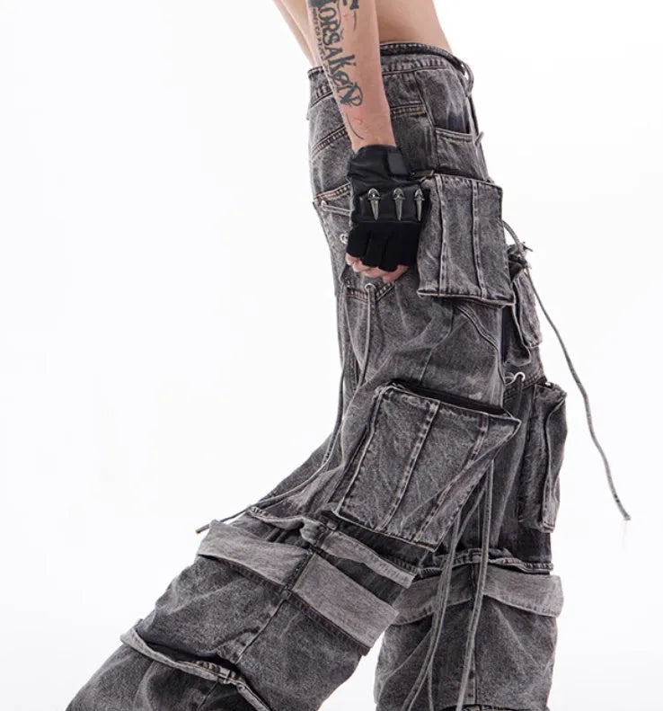 American-style distressed overalls rope stitching mop pants in grey cotton denim