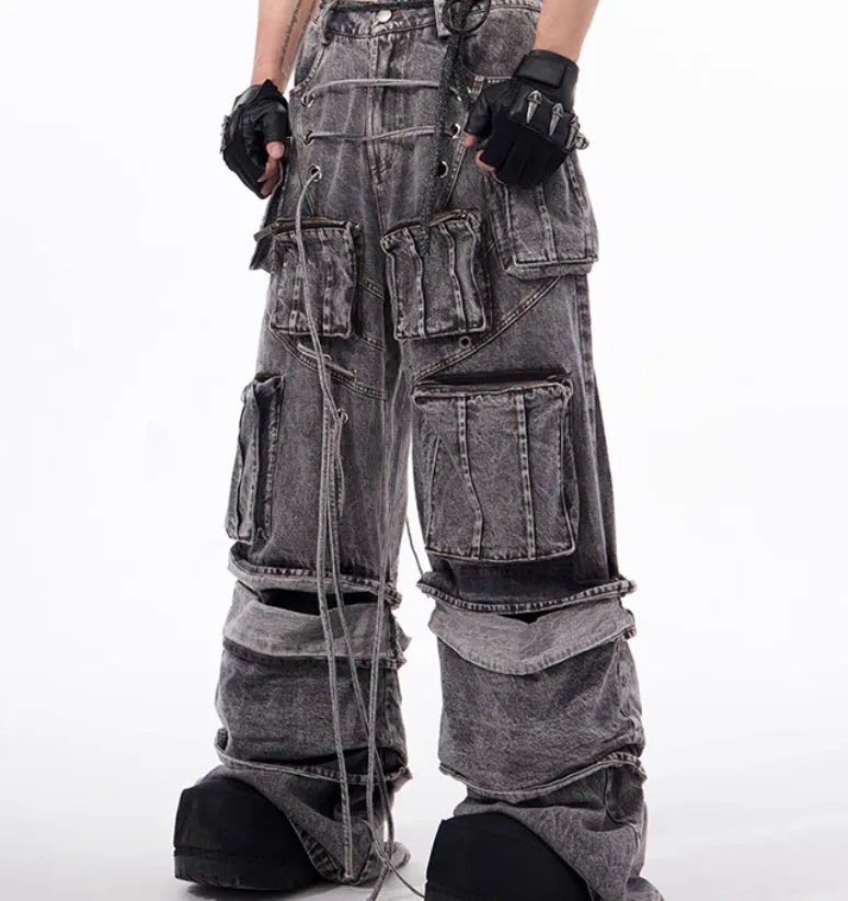 American-style distressed overalls rope stitching mop pants in grey cotton denim