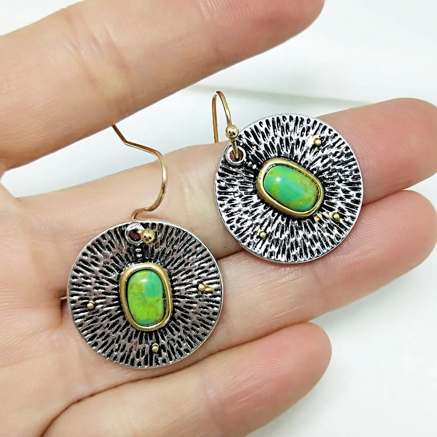 Retro creative turquoise colour separation earrings in antique silver alloy, electroplated finish, old money style