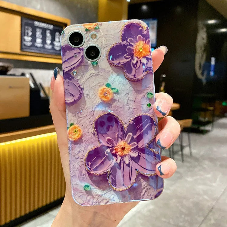 Soft rubber phone case with oil painting flower pattern, blue light, and inlaid diamond drop glue in yellow for iPhone