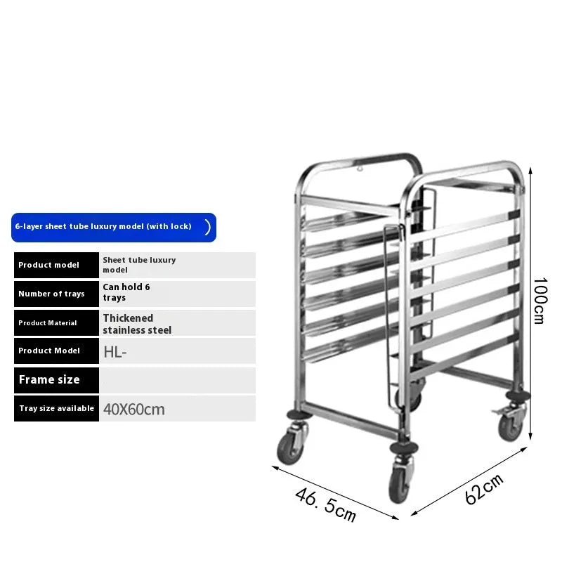 Stainless steel 6-layer baking tray rack with locking mechanism for 40x60cm commercial trays