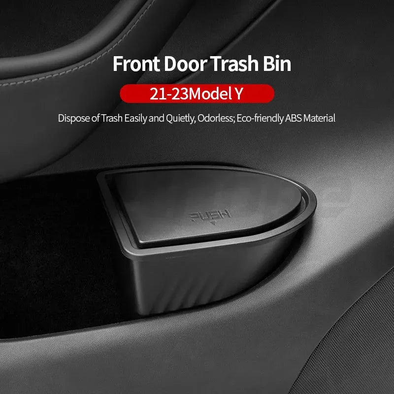 Black ABS plastic car door trash cans for Tesla Model Y front doors, waterproof containers measuring 25.5cm