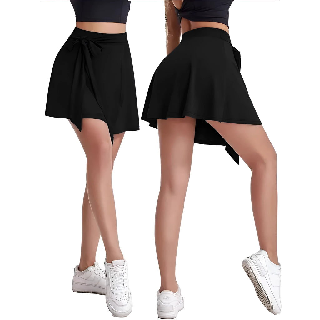 Black thigh-length anti-exposure sports skirt with built-in shorts showing high waist and shoulder strap details