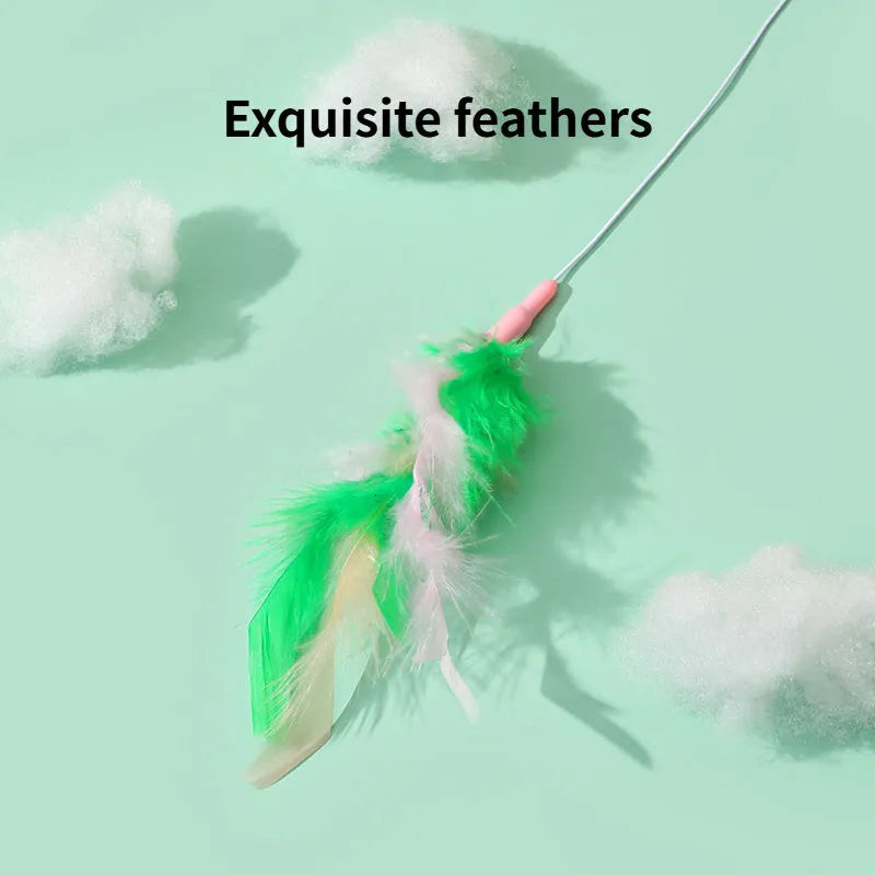 Interactive cat toy feather wand with green bells and feathers on a durable wand