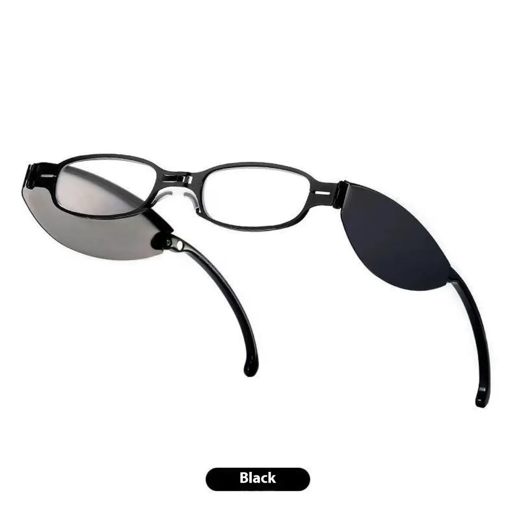 Folding presbyopic glasses in black frame showing collapsed and open positions with retro ring detailing