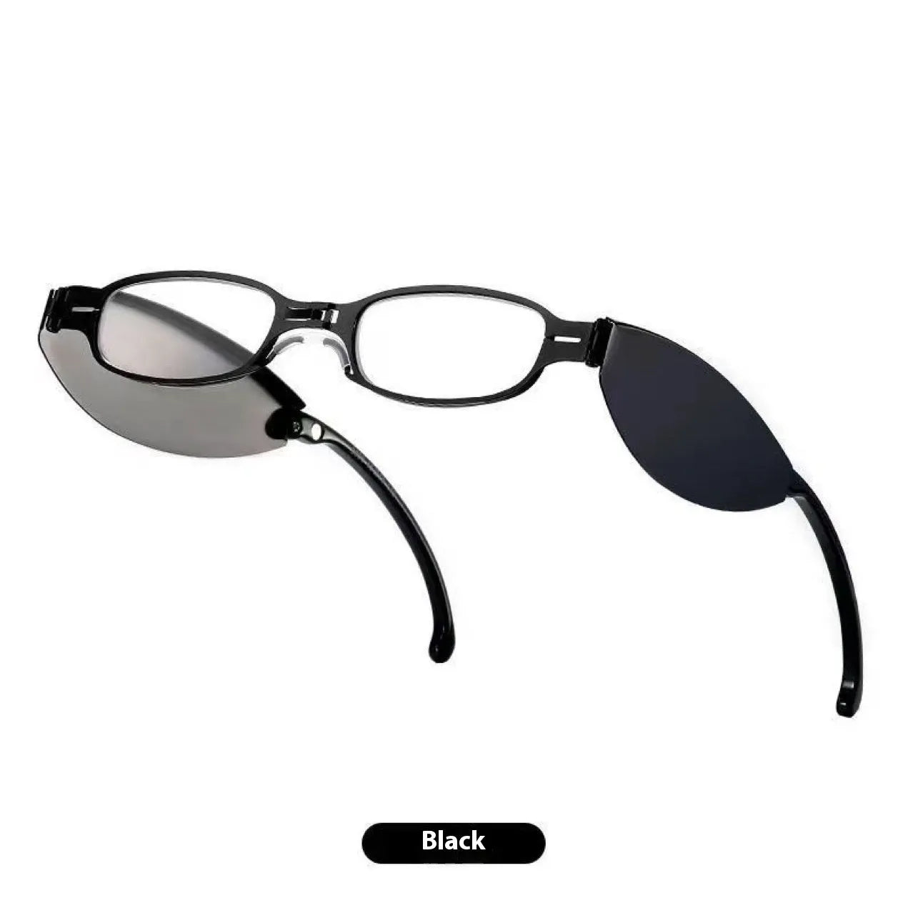 Folding presbyopic glasses in black frame showing collapsed and open positions with retro ring detailing