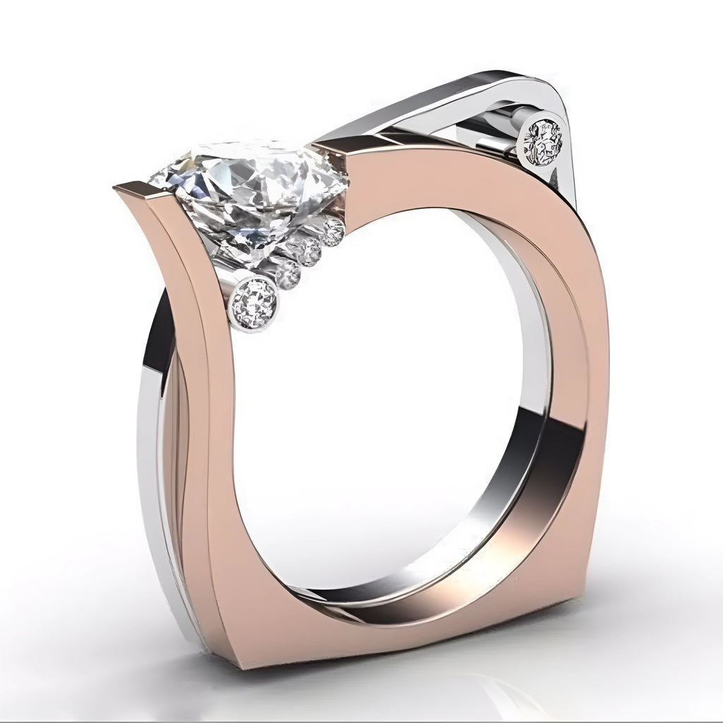 Rose gold geometric women's ring with zircon detail on a grey background.