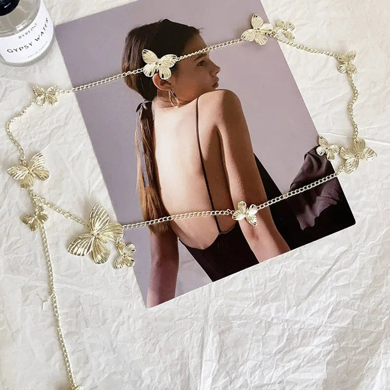 Golden butterfly alloy waist chain showing 104cm length and 40cm width measurement