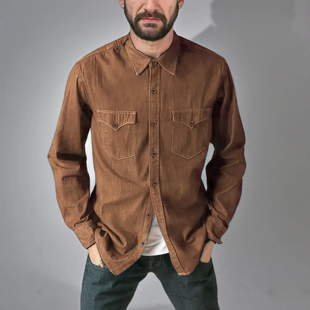 Denim cardigan coat in khaki colour with button front and regular fit styling