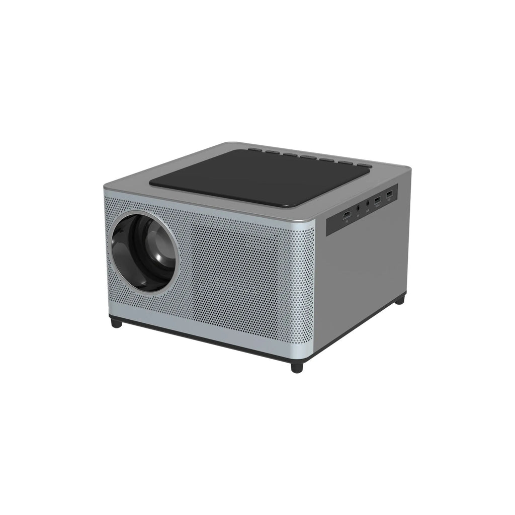 White mini portable projector with black lens and ventilation grilles on front panel