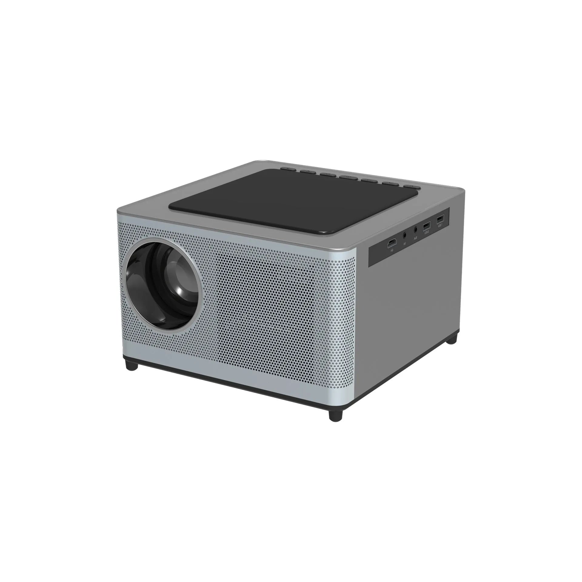 White mini portable projector with black lens and ventilation grilles on front panel
