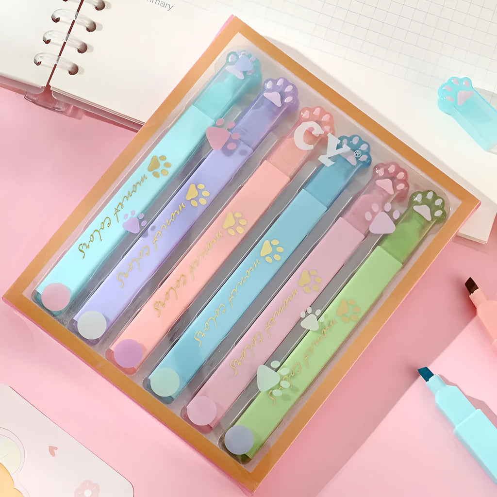 Cat's Paw highlighter pen set with six fluorescent colours and oblique pen heads in a box.