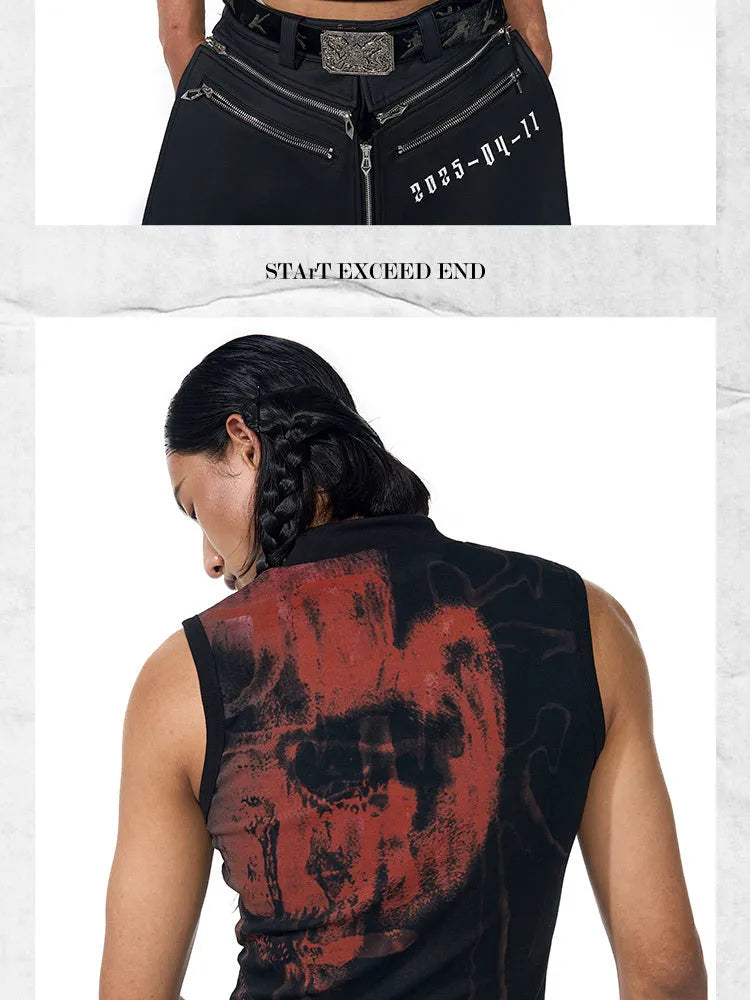 Half turtleneck slim-fit printed sleeveless T-shirt in black with character pattern