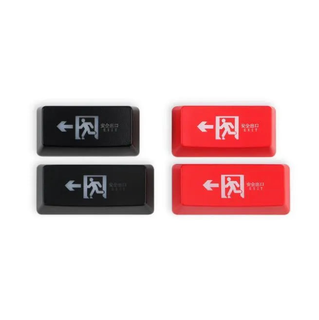 Red safety evacuation exit backspace key cap on a USB keyboard with transparent plastic construction