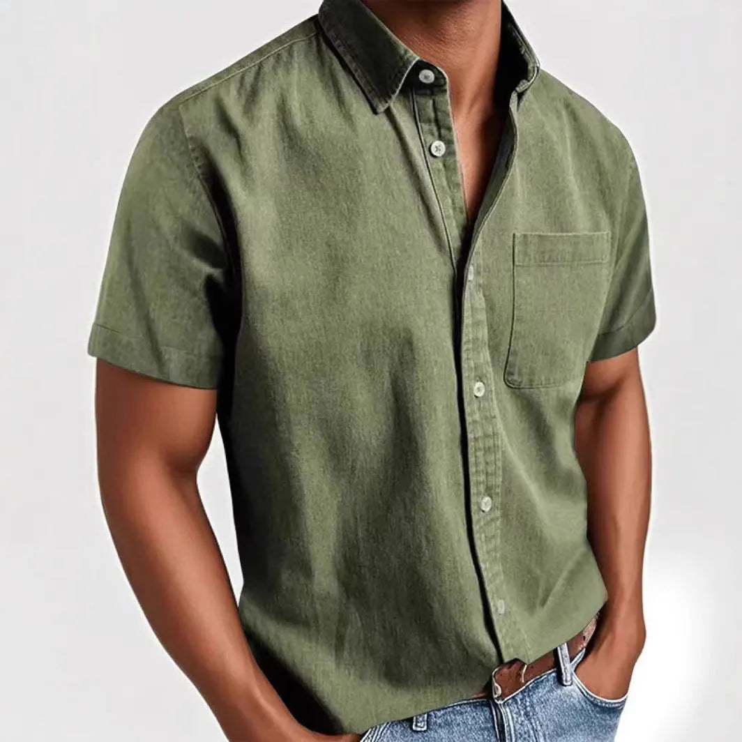 Men's loose fit short sleeve casual shirt in cotton blend fabric showing multiple colour options