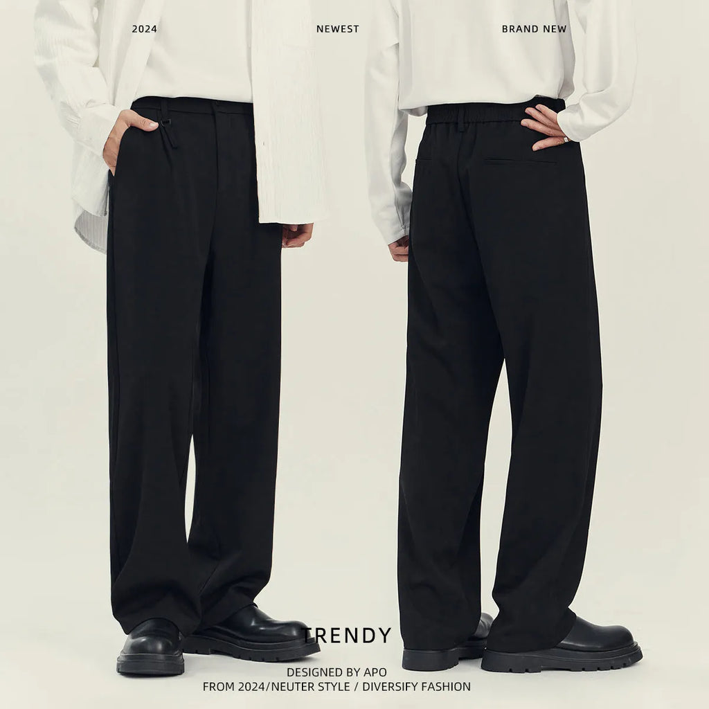 Business casual draping suit pants loose straight-leg solid black colour fabric blend
