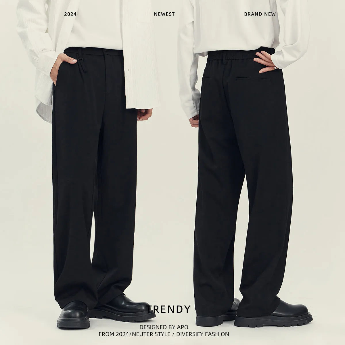 Business casual draping suit pants loose straight-leg solid black colour fabric blend