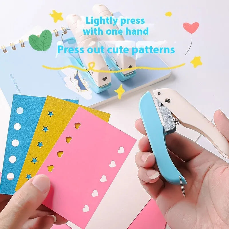 Manual embossing punching machine with love, star, 4mm and 6mm round dies for paper crafts.