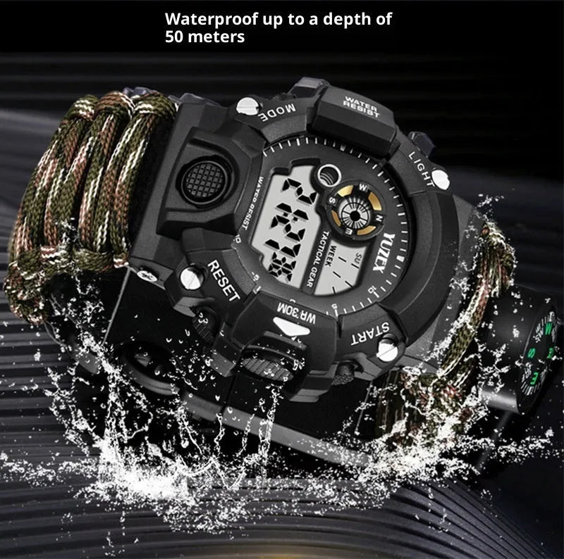 Multifunctional outdoor survival bracelet watch with black parachute cord strap compass whistle and firestone