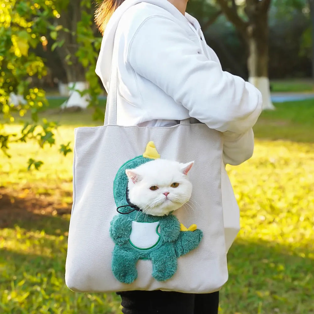Canvas shoulder pet carrier bag with cartoon print for small cats and dogs