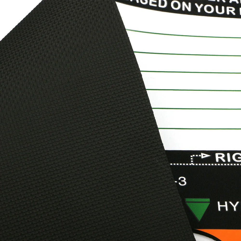 Black neoprene golf swing stance correction mat with alignment markings for practice