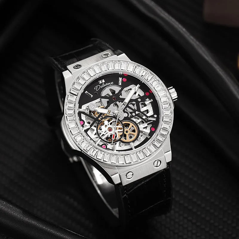 Men's automatic mechanical watch with diamond-studded hollow movement and white case