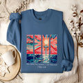 Blue plus size drop-shoulder sleeve printed sweater loose fit pullover for women
