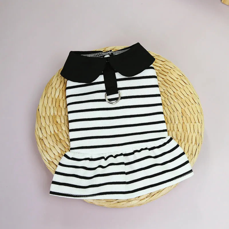 Pet dog wearing a striped cotton t-shirt with love print and a matching skirt.