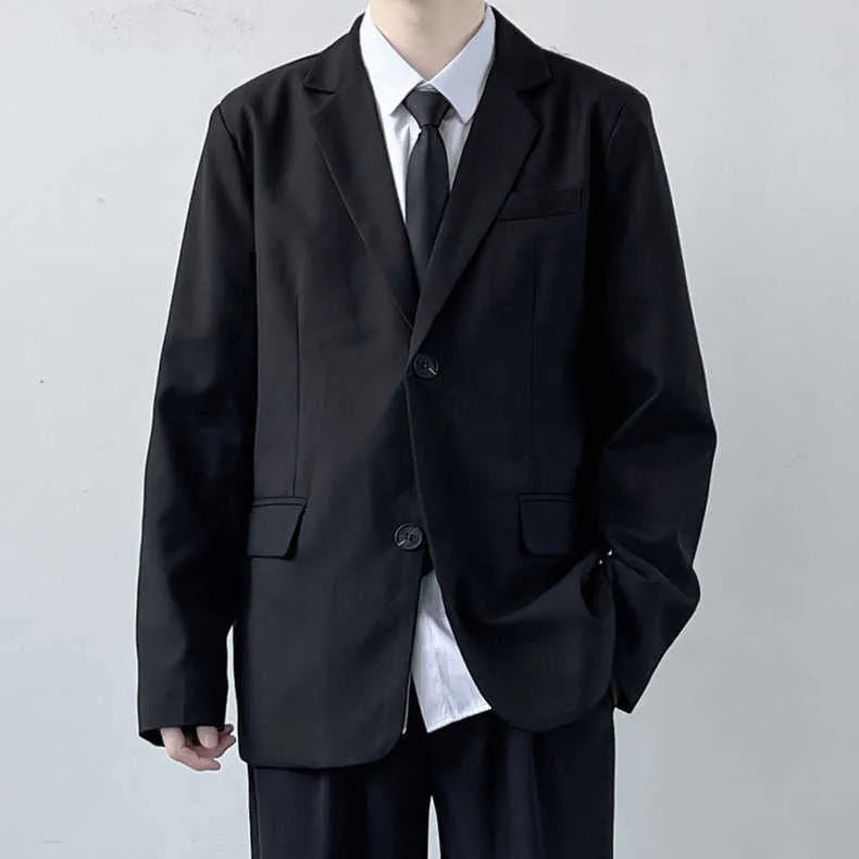 Plus size men's college style suit set with loose fit jacket, trousers, white shirt and tie for spring and autumn wear