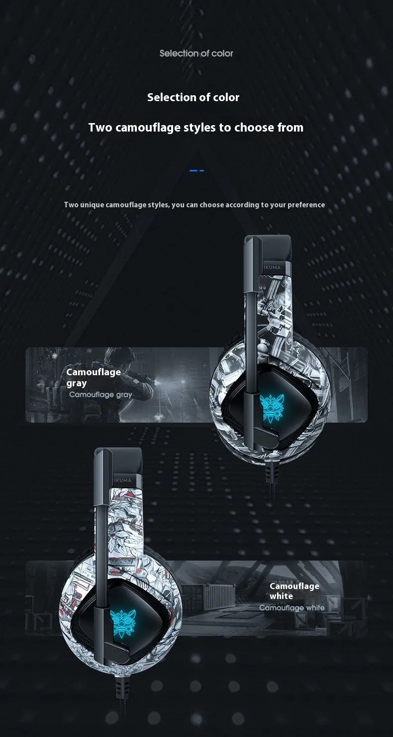 Camouflage grey wired RGB gaming headset with head-mounted design and 2.2 metre braided cable
