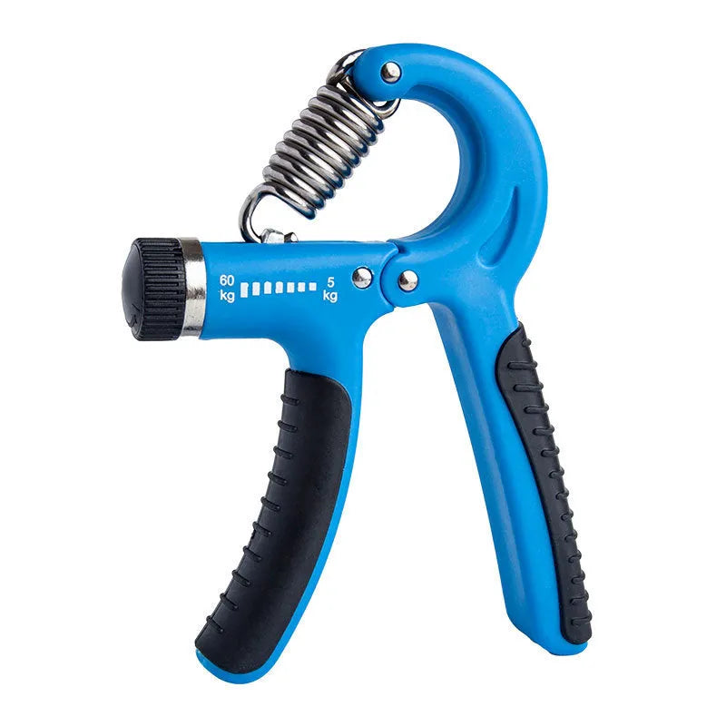 Adjustable counting hand gripper with black handles and built-in mechanical counter on a white background