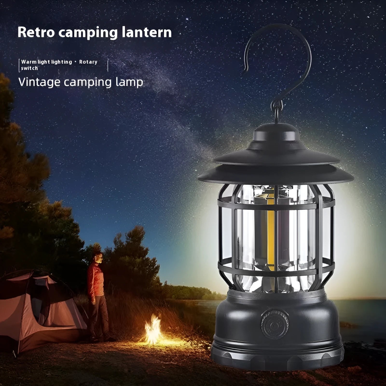 Portable camping barn lantern in dark green, black or red colours with LED light